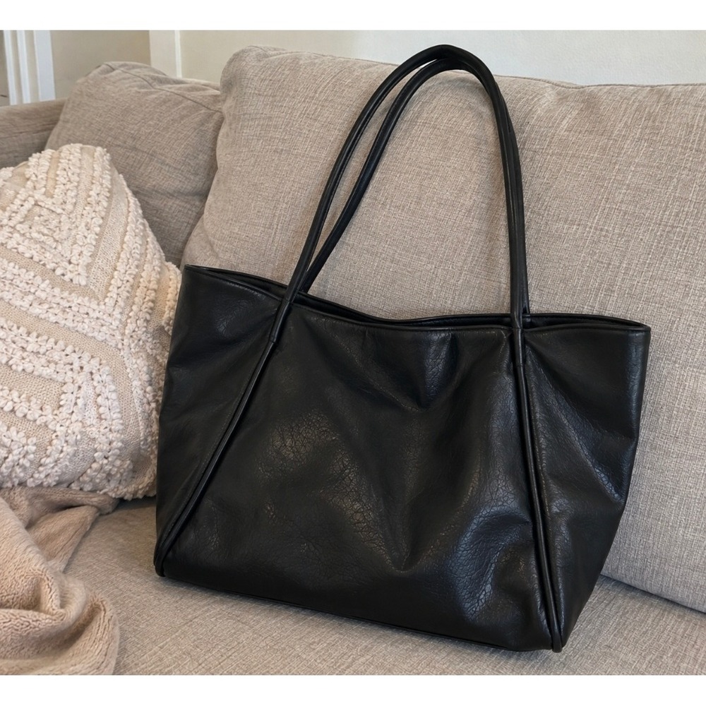 Black Faux Leather Large Tote Bag Shoulder Bag Slouchy Everyday Handbag